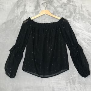 Bebe Top Womens XS Black Swiss Dot On or Off The Shoulder Boho Sheer Bell Sleeve